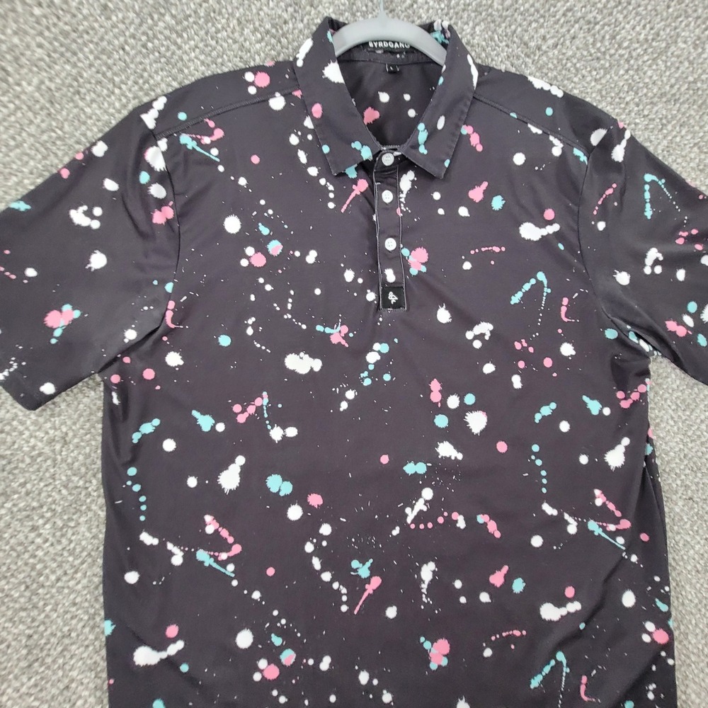 Byrdgang Mens Black Paint Splatter Golf Polo Shirt Large Pink Teal Flamingo Logo
